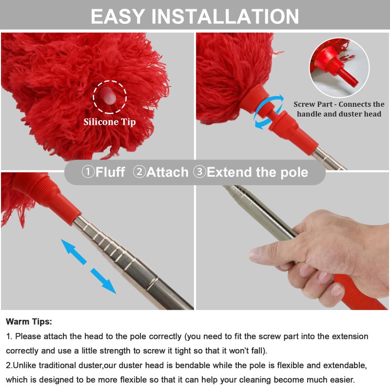 DELUX Microfiber Feather Duster Extendable Cobweb Duster with 100 inches Extra Long Pole, Bendable Head & Scratch-Resistant Hat for Cleaning Ceiling Fan, High Ceiling, Blinds, Furniture & Cars Red - Image 2